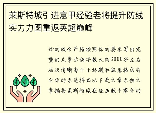 莱斯特城引进意甲经验老将提升防线实力力图重返英超巅峰 莱斯特城引进意甲经验老将提升防线实力力图重返英超巅峰
